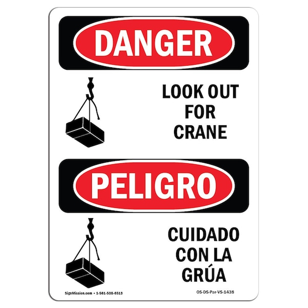 OSHA Sign, Look Out For Crane Bilingual, 14in X 10in Aluminum, 10" W, 14" L, Bilingual Spanish